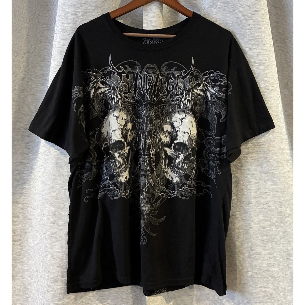 Fresh Laundry‎ Savage Skull Graphic Print Black T-Shirt Crew Neck Size 2XL